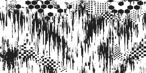 A grunge vector illustration featuring a black and white leopard print pattern with ink splash textures and a halftone silhouette design for a nature-inspired wallpaper