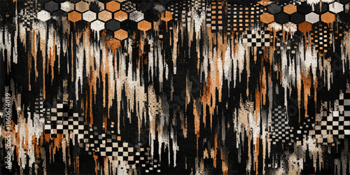 An abstract black and white metal background features a frozen winter texture of cold ice and icicles over an old wooden wall pattern