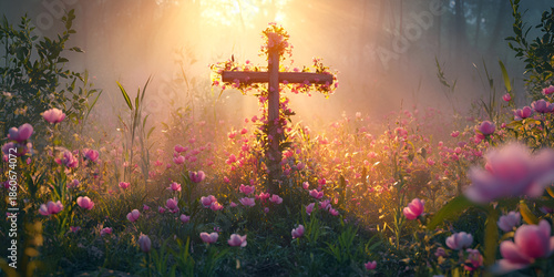 Illuminated Wooden Cross in Blooming Meadow at Sunrise