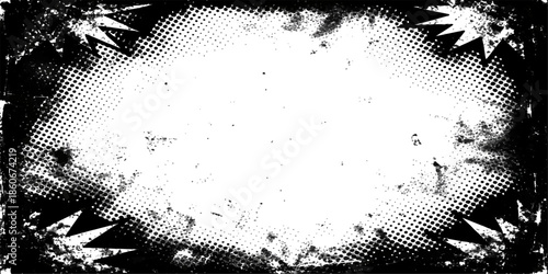 Seamless vector illustration of a black and white abstract grunge frame featuring halftone dot patterns and artistic paint splash textures for a decorative background design