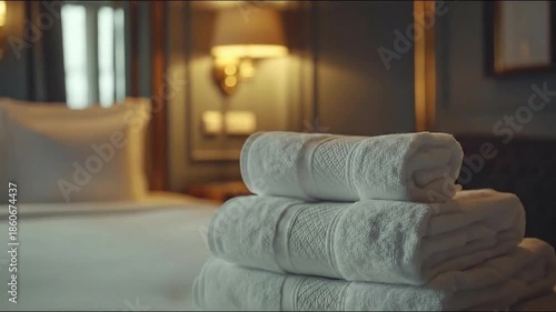 Cozy hotel room with neatly stacked white towels on bed