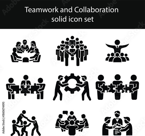 Teamwork and Collaboration solid icon set. Contains symbols for business partnership