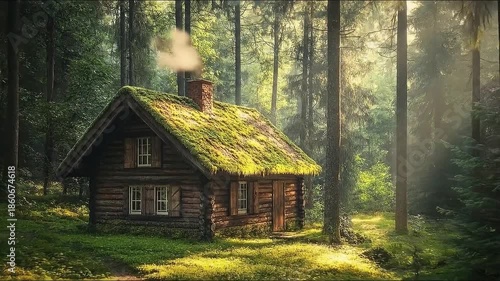 Cozy cabin nestled in serene forest with mossy roof and warm sunlight filtering through trees