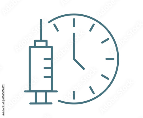 Medical syringe vector line icon for health care. Vaccination and immunization symbol. Simple outline illustration for injection, medicine, and treatment concepts. Isolated icon.
