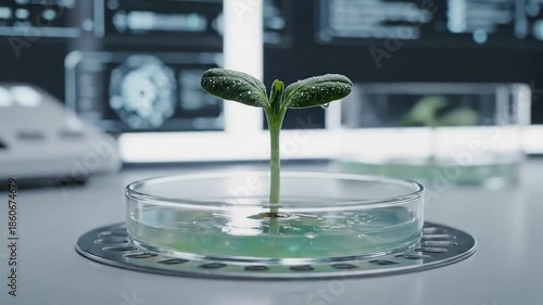 Delicate green plant sprout growing in petri dish on laboratory table