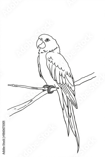 Line Art Of A Parrot On A Branch Contour Lines Only White Background