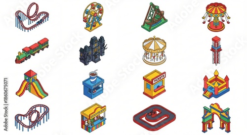 Theme park rides and attractions like roller coaster, Ferris wheel, haunted house, carousel, train