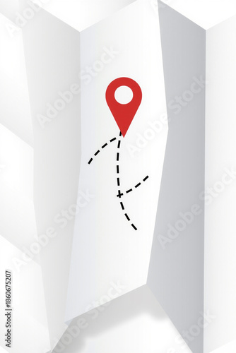 Minimal Drawing Of A Folded Map With Dotted Route Lines And A Red Location Pin Geometric Layout Flat Design