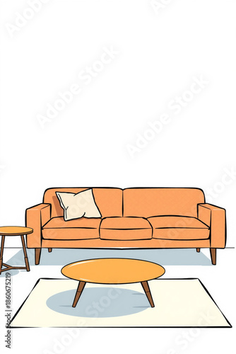Minimal Flat Art Of A Cozy Sofa With A Cushion And Coffee Table Beside It Simple Interior Theme Warm Color Tones