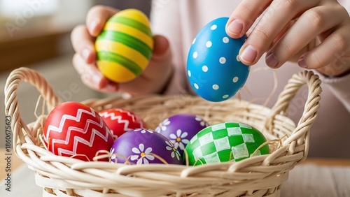 woman’s hands placing brightly painted easter eggs with geometric and floral patterns into a wicker basket, for family blogs, lifestyle websites, greeting cards, and holiday event promotion