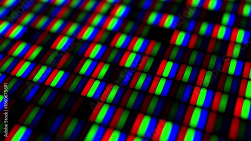 RGB LED Pixel Screen Macro Grid 3D animation for semiconductor industry presentations, digital display hardware technology, and high-resolution 4K broadcast backgrounds