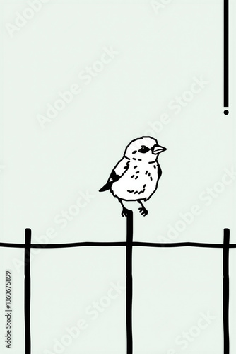 Minimal Line Art Of A Small Bird Sitting On A Fence