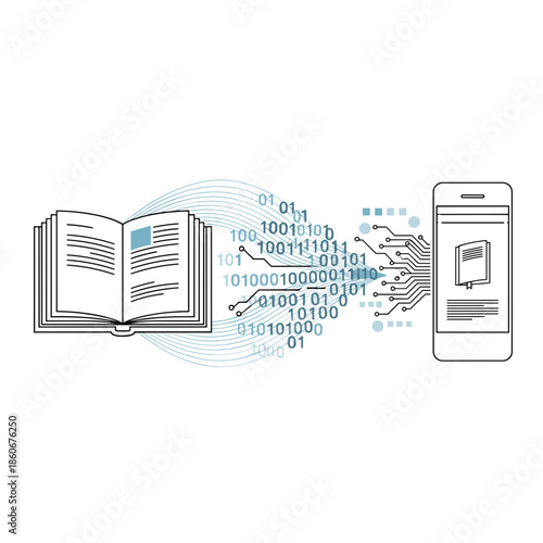 Open book transforming into digital content on mobile device  