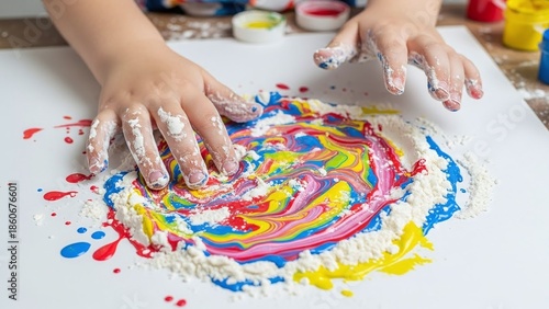 child’s hands mixing white flour with vibrant liquid paints to create abstract sensory art, for early childhood education, parenting blogs, art therapy, and creative hobby websites