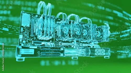 Rotating blue x ray computer motherboard with multiple fans