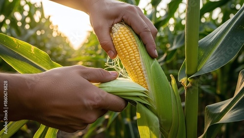 Harvesting ripe corn from plant in sunlit field  