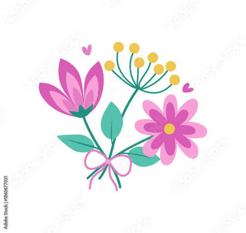 Abstract bright pink flowers and plants. Bouquet of flowers, bow, and hearts. Women's Day, birthday, Valentine's Day. Close-up for postcards and greeting cards, isolated on white background.