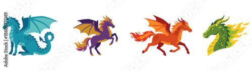 Dragon-horse hybrid doodle Flat Vector Illustration on Transparent Background