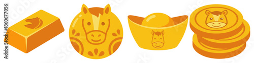 Gold ingot with horse face Flat Vector Illustration on Transparent Background