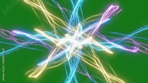 Colorful neon light trails swirling on green background, dynamic