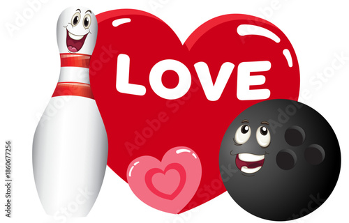 Romantic Valentine’s Day bowling design featuring love phrase, hearts, bowling ball and pins. Perfect for couples and bowling lovers.