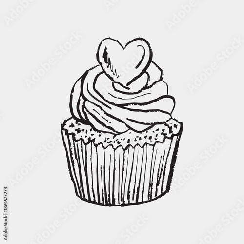 Hand drawn cupcake with swirled frosting and heart topper. Valentine's day dessert. Vector sketch illustration in vintage crayon charcoal style