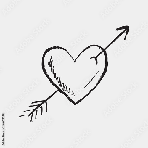 Hand drawn heart pierced by arrow. Love symbol, emotion. Happy Saint Valentine's day. Vector sketch illustration in vintage crayon charcoal style.