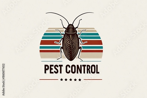 Retro pest control badge logo illustration featuring a stylized insect design with vibrant colors and stripes, ideal for pest management branding and marketing materials