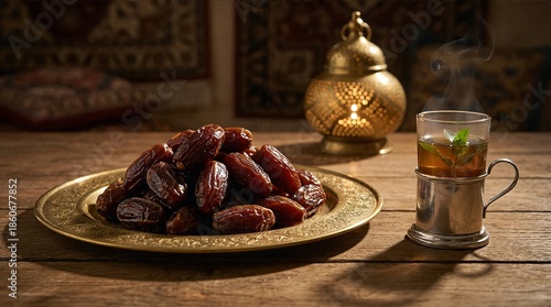 Dates and tea with a traditional lantern on a wooden table.