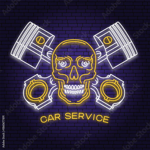 Auto service logo, emblem, badge in neon style. Vector. For expert service car repair center, restoration and car club with skull, automobile tools pistons. Auto repair emblem sign, night bright