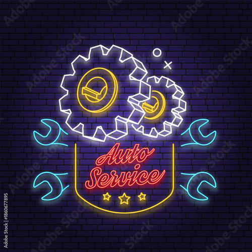 Auto service logo, emblem, badge in neon style. Vector. Service car repair, restoration and car club design. Auto repair emblem sign, night bright advertising car service