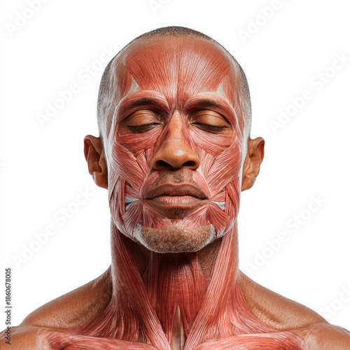 Frontal View Medical Illustration of Human Male Facial and Neck Muscle Anatomy