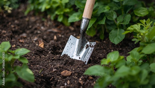 Gardening Tool Digs Into Rich Soil Among Green Plants in a Garden Setting