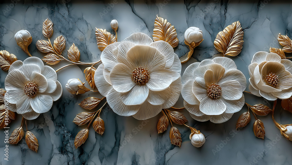 Fototapeta premium White embossed flowers with gold leaves on a marbled background