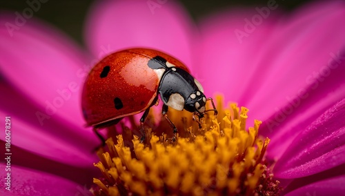 Ladybug Walking on a Flower and Collecting Pollen During a Sunny Day in a Gar...