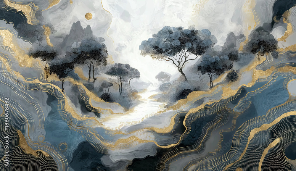 Fototapeta premium Abstract landscape with trees and golden swirling lines