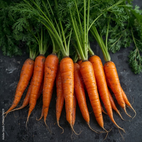 Fresh Carrots With Green Leaves on Dark Background for Healthy Cooking and Re...