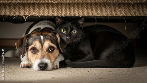 A scared dog and cat huddle together under a sofa, seeking shelter from a thunderstorm or fireworks.