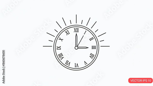 Clock Roman Numerals Line Art Icon with Sunburst Isolated on White