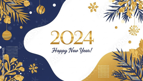 2024 Happy New Year Greeting with Golden Foliage and Elegant Blue White Background