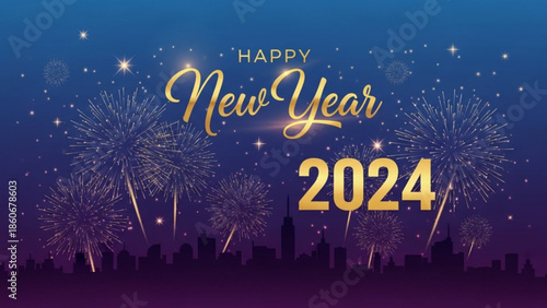 Happy New Year 2024 Golden Text with Fireworks over City Skyline at Night