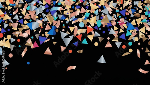 Colorful Metallic Geometric Confetti Falling on Black Background Abstract Festive Design
