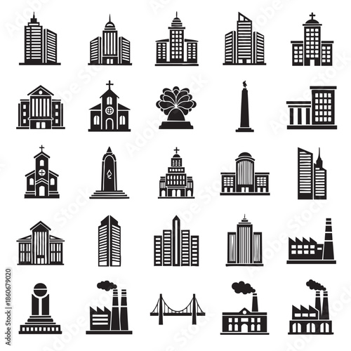 Collection of diverse architectural and city landmark icons isolated