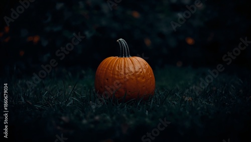 Pumpkin on Grass During Evening in a Garden Setting With Dark Background