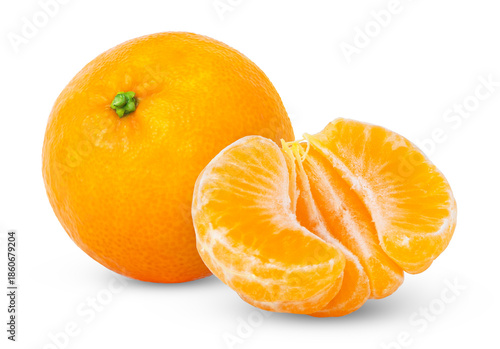 Whole tangerine and cut in a half of clementine isolated. Mandarin orange and peeled slice.