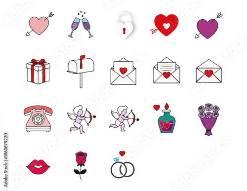 Iconos decorativos de corazones rojos, elementos para tarjetas de San Valentín, trazado manual, vector