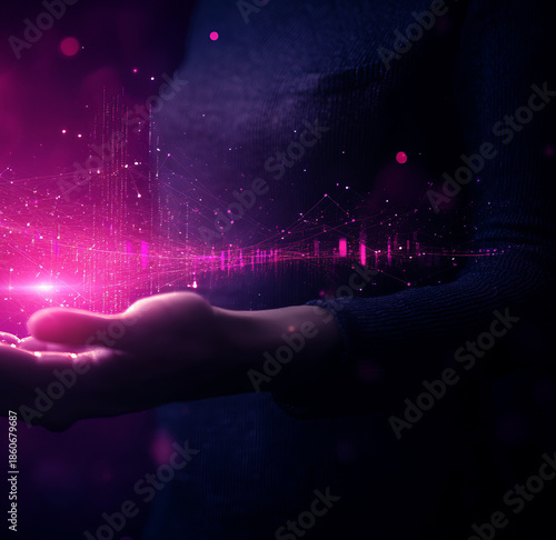  hand holding a glowing digital network,
