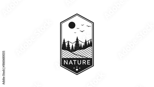 Hexagonal black and white nature logo with mountains, pine forest, sun, birds, and "NATURE" text on isolated white background.