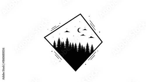 Diamond Shape Forest Logo Design with Pine Trees and Night Sky Elements, Isolated White Background