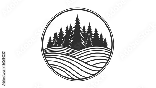 Stylized Pine Tree Forest Landscape with Hills in Circle on Isolated White Background